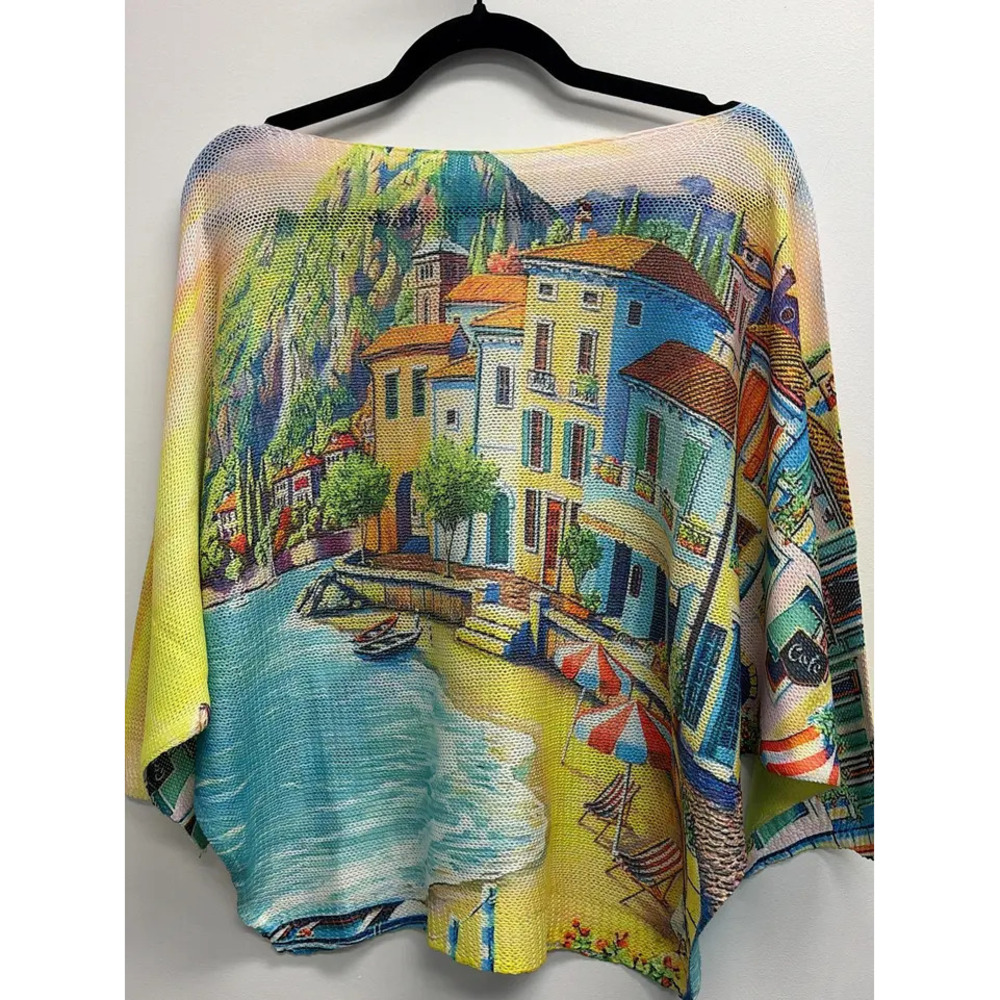 L86 Loowie Coastal Village Round Neck Printed Knit Sweater One Size